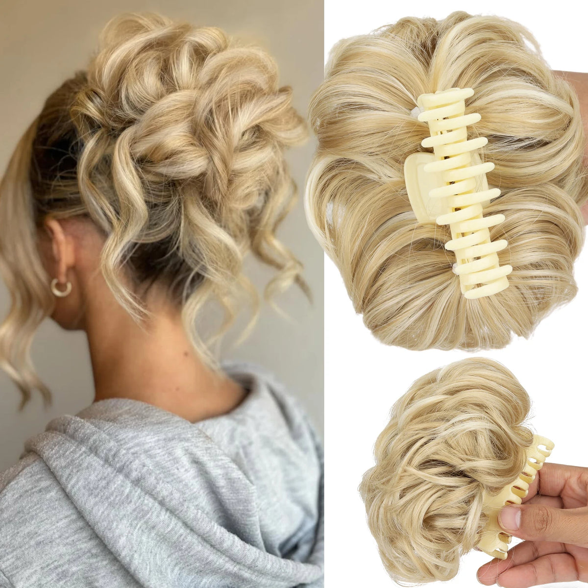 Disorderly bun hair claw clip by Corporación Turística, shown holding messy updo hairstyle on a model.