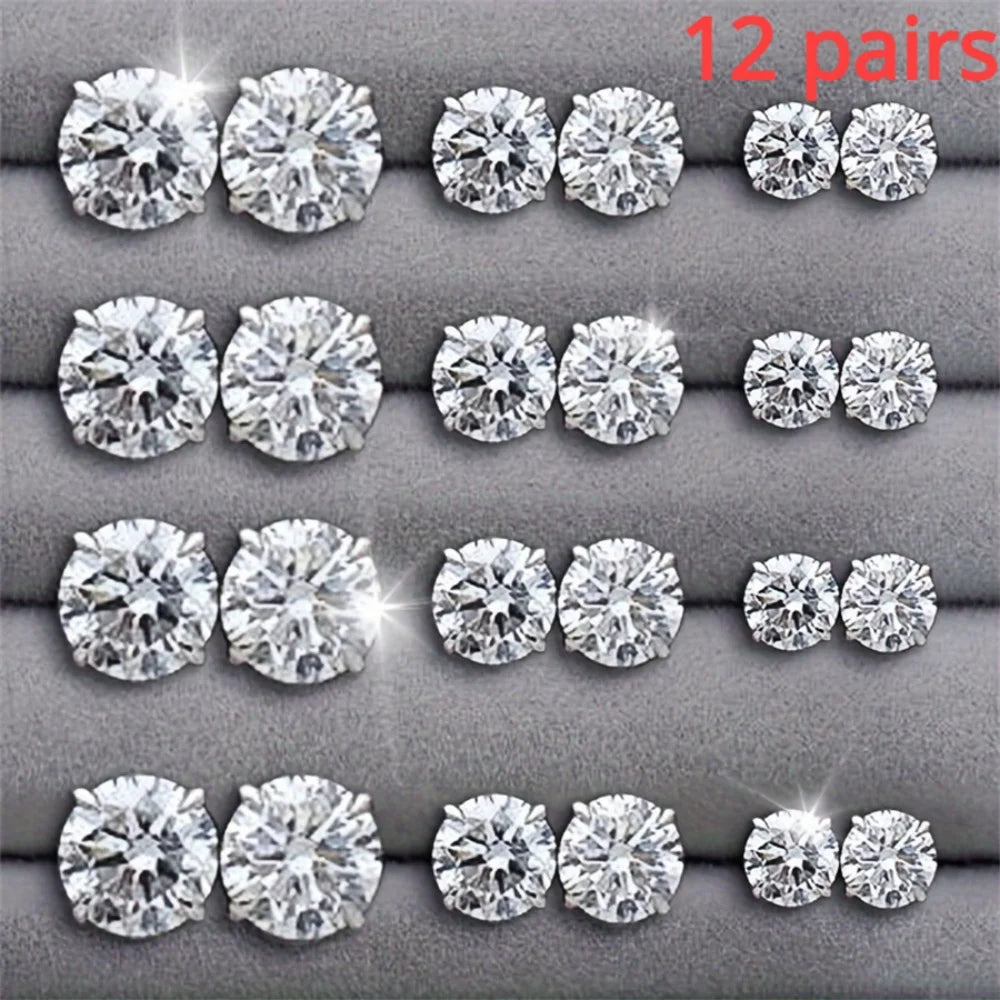 Set of 12 pairs of zirconia screw earrings by Corporación Turística, featuring shiny, secure stud designs in a variety of styles.