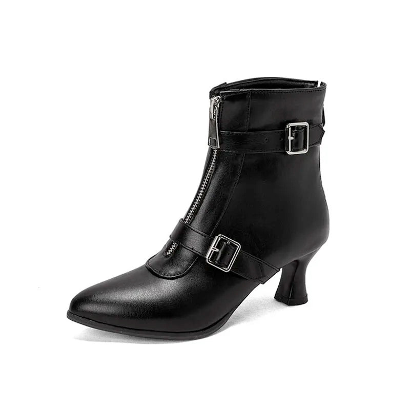 White women's chunky heel ankle boots by Corporación Turística, stylish winter shoes with thick heels and comfortable design.