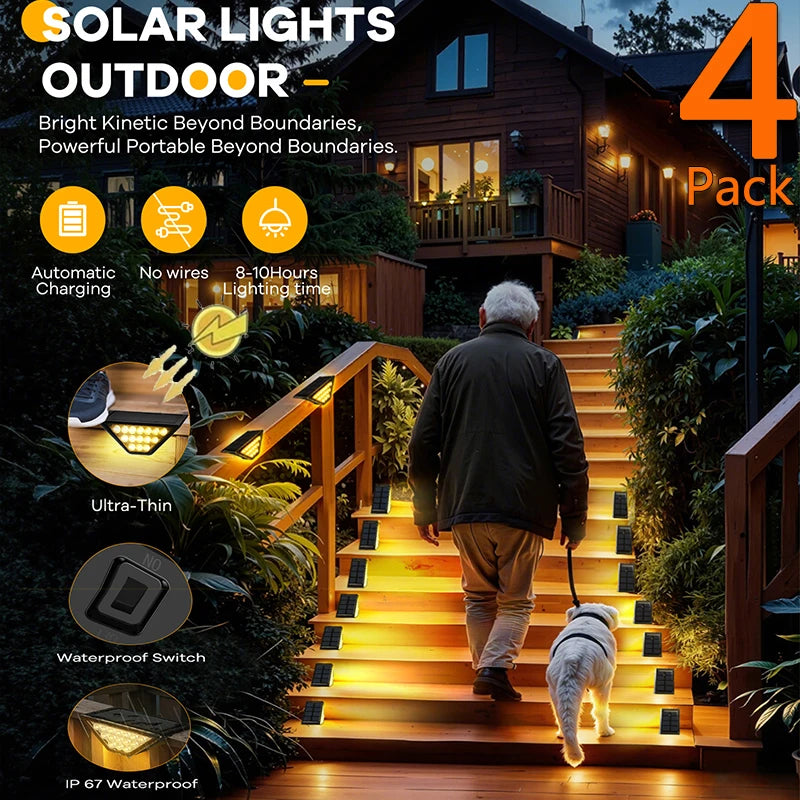 Set of two outdoor stairway solar lights with warm white 3000K glow, ideal for exterior steps and pathways.