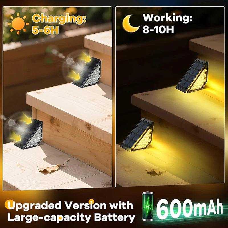 Two outdoor step lights by Corporación Turística, warm white 3000K solar-powered LED lights for exterior staircases.