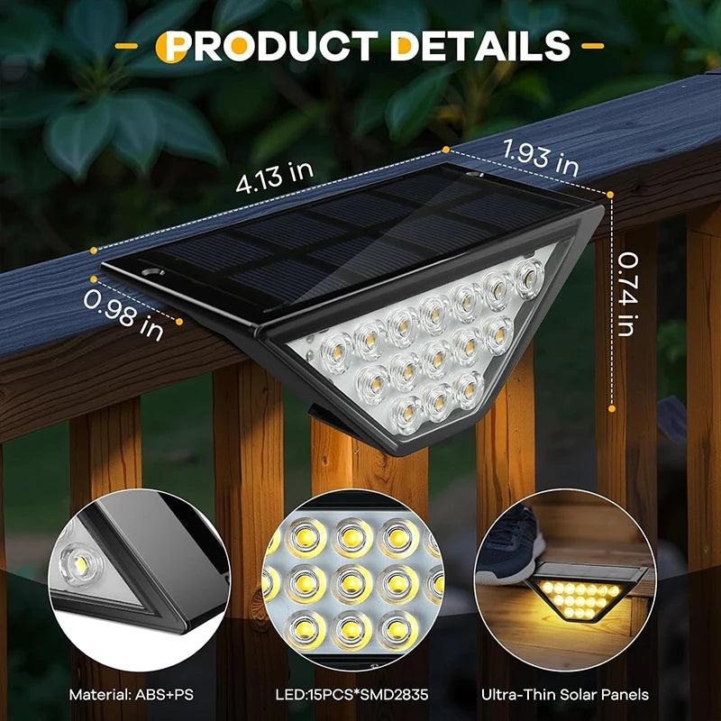 Pair of exterior solar stair lights from Corporación Turística with warm white 3000K LED bulbs, ideal for outdoor steps.