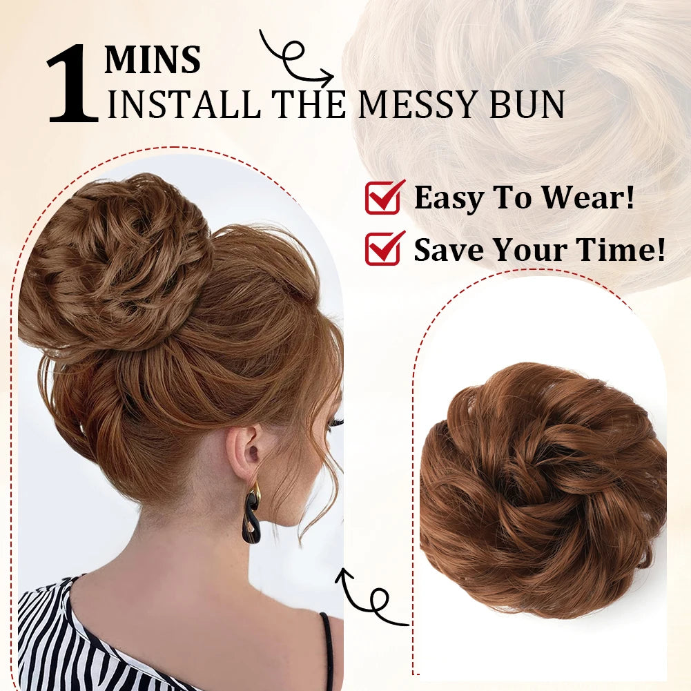 Large messy bun with wavy, curly hair piece from Corporación Turística, showcasing a casual, tousled hairstyle.