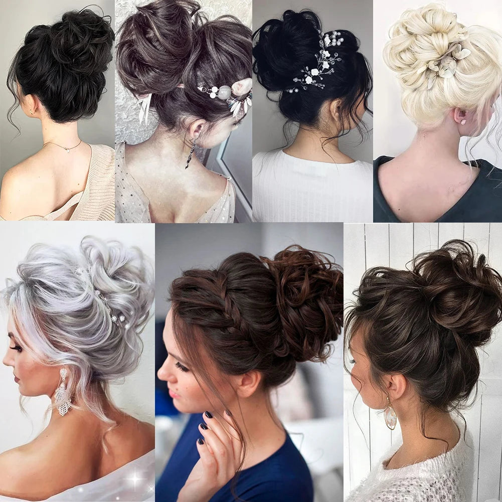 Large messy bun hairstyle with wavy and curly hair pieces, created by Corporación Turística, showcasing a tousled hair look.