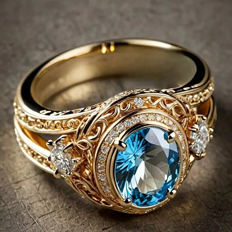 Sterling silver ring with blue cubic zirconia and vine design, crafted by Corporación Turística.