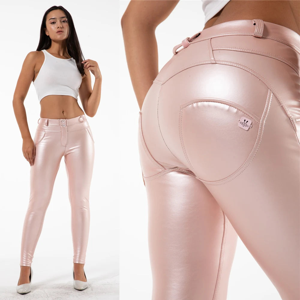 Pink leather pants for women by Melody Wear, featuring a fitted style and stylish design, shown on a model.
