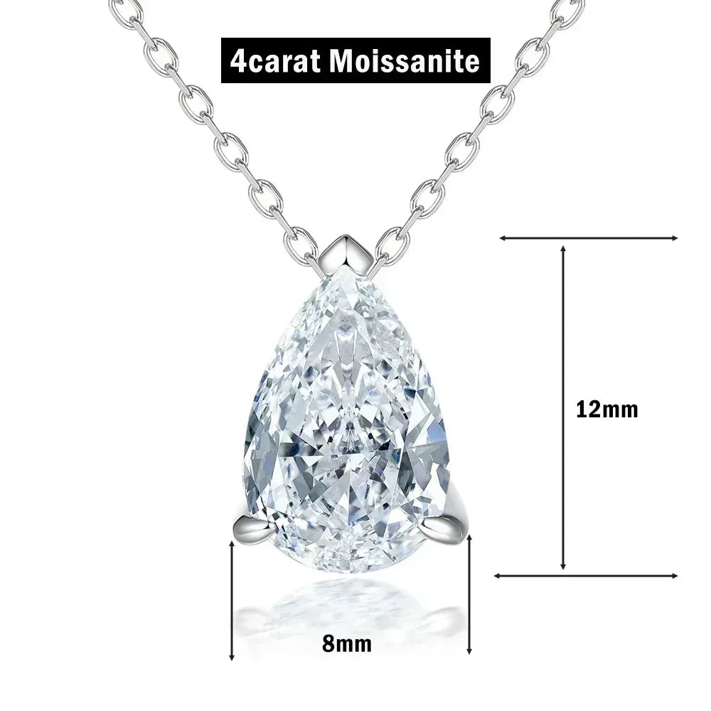 Silver moissanite pendant necklace with teardrop-shaped gem, elegant jewelry piece showcasing a sparkling gemstone.