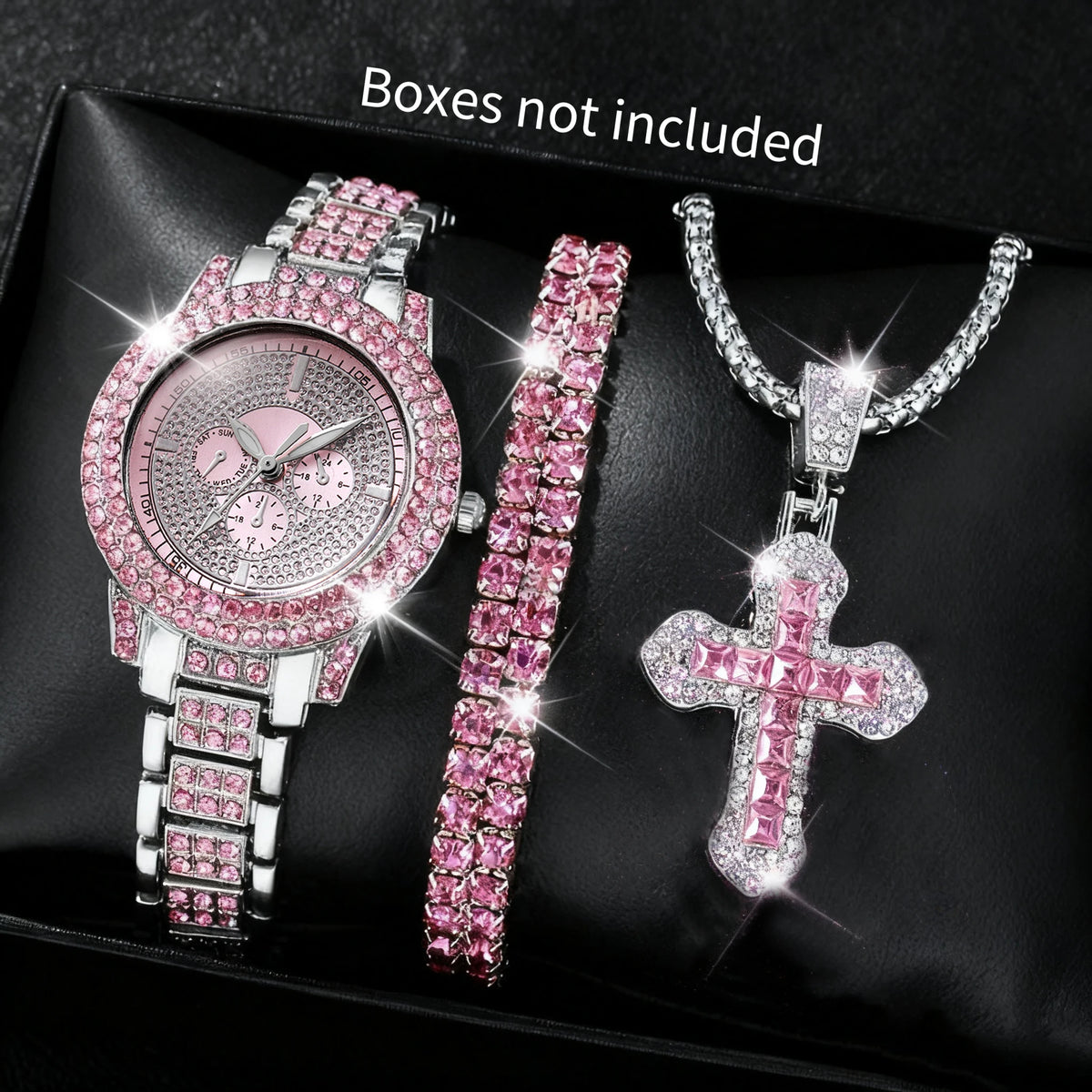 Pink luxury watch with imitation diamonds, featuring a sleek design, from Corporación Turística, ideal for women.