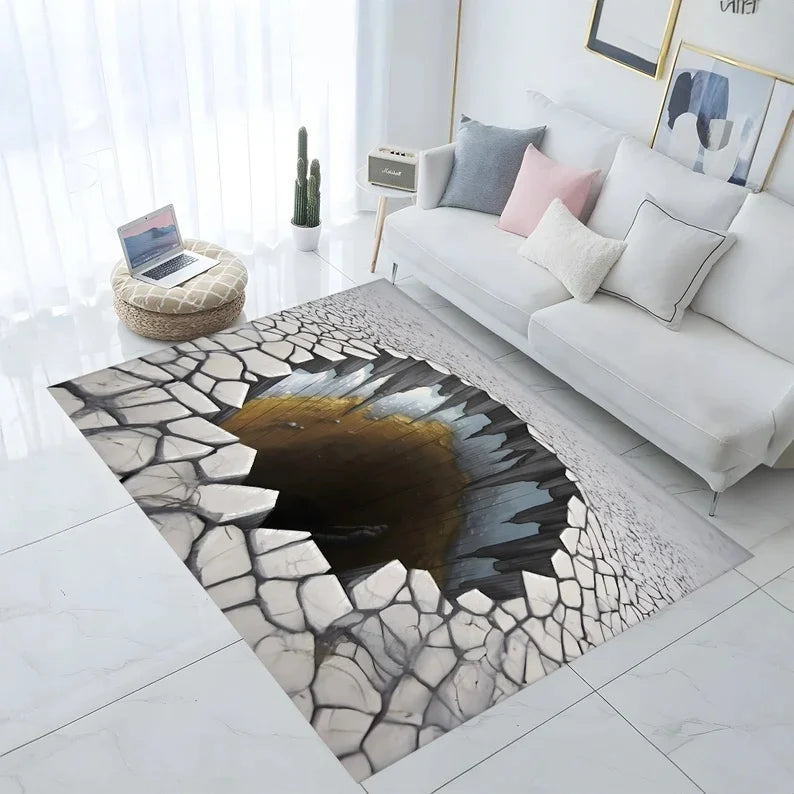 3D illusion optical abyss rug by Corporación Turística, washable, with infinite depth design, black and white pattern, 120x160cm.