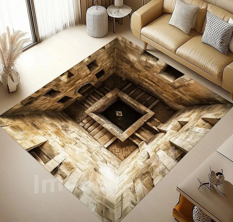 3D optical illusion abyss rug by Corporación Turística, featuring infinite depth design, washable and vibrant in appearance.