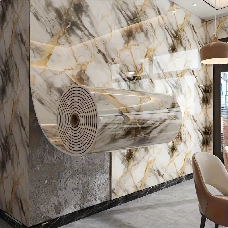Self-adhesive marble foam wallpaper roll by Corporación Turística, featuring a realistic marble design for wall decoration.