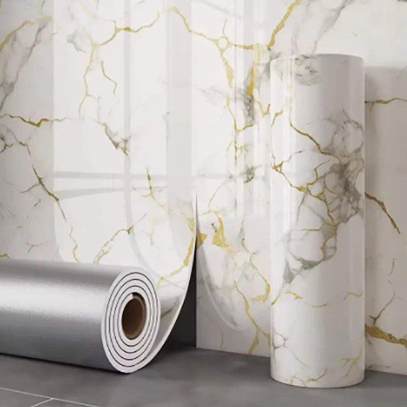 Self-adhesive foam marble wallpaper roll by Corporación Turística, featuring realistic white and gray marble pattern for wall decor.