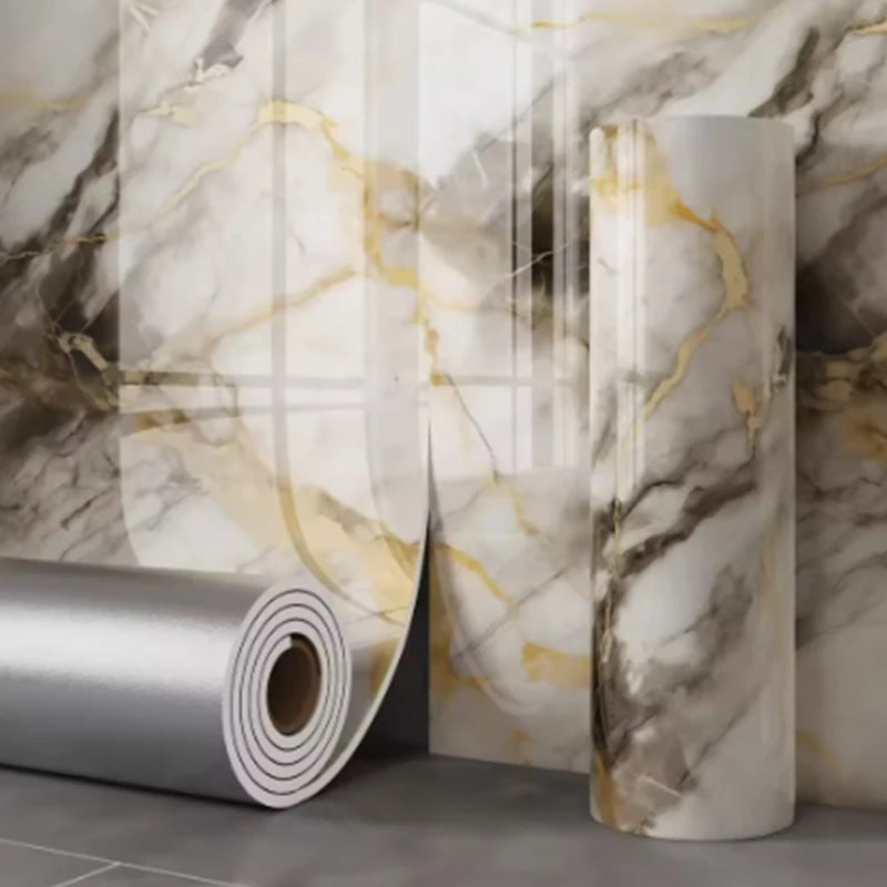 Self-adhesive marble foam wallpaper roll by Corporación Turística, showing textured white and gray marble pattern for interior decor.