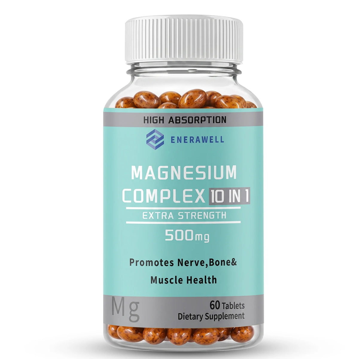 Two bottles of Corporación Turística Magnesio 10 en 1 complex capsules, dietary supplement in a clear plastic bottle.