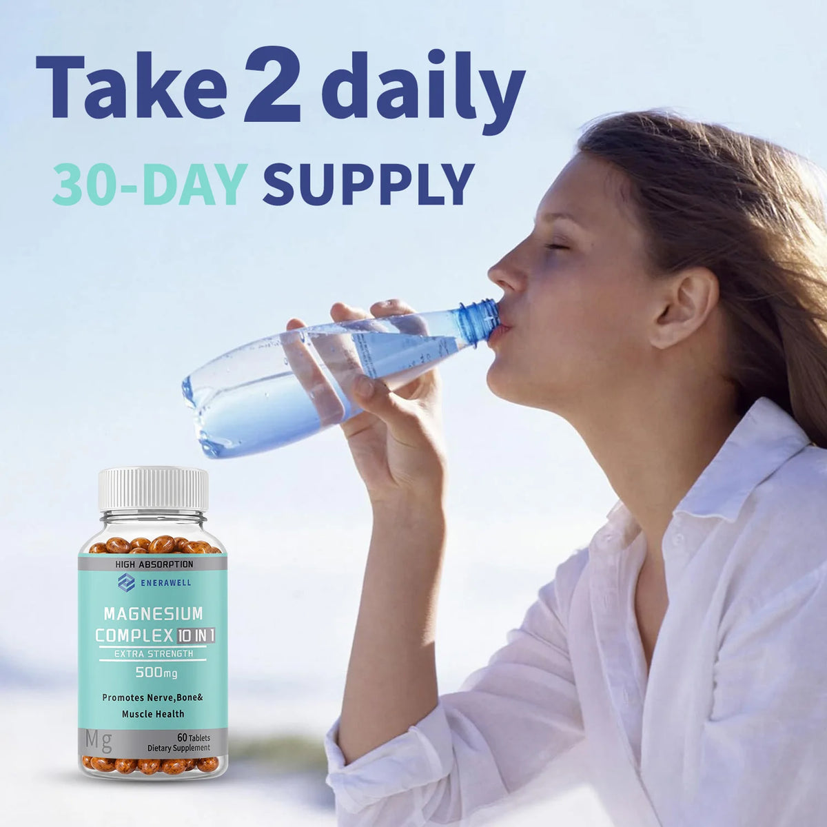 Two bottles of Corporación Turística Magnesium Complex 10-in-1 capsules, dietary supplement for health and wellness.