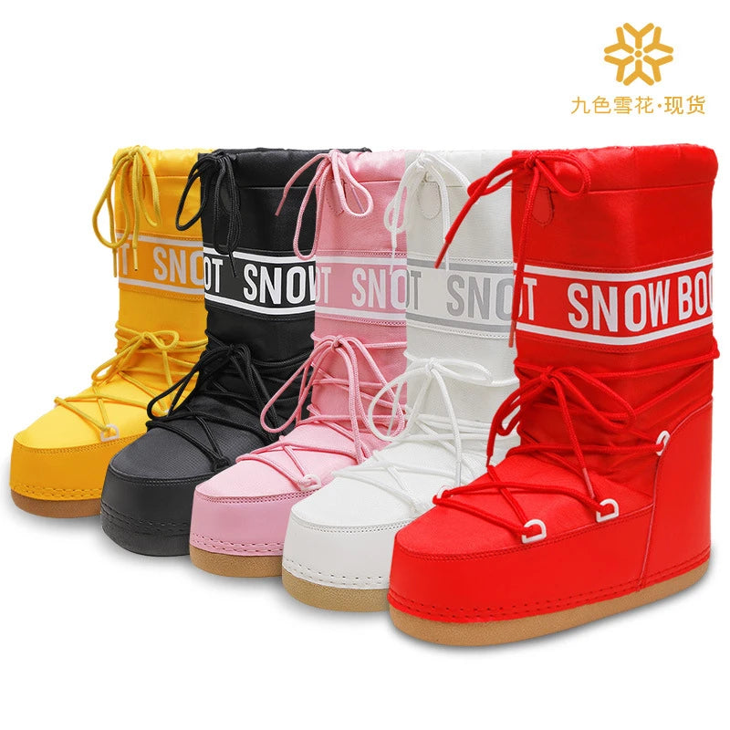 Red women's high-boot snow boots by Corporación Turística, featuring a stylish design and sturdy sole for winter warmth.