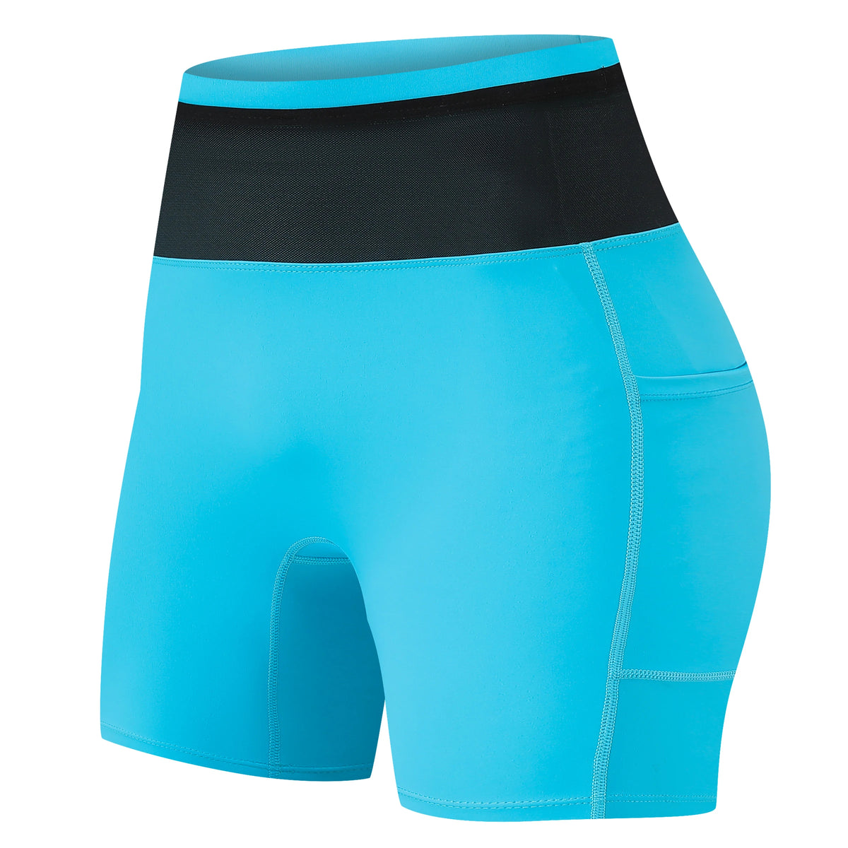 Gray and blue women's compression marathon shorts by Corporación Turística, designed for comfort and performance during running.