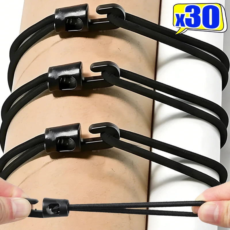 Multifunctional elastic cords with hooks for camping, 25cm, 30-pack, by Corporación Turística, ideal for outdoor gear and securing items.