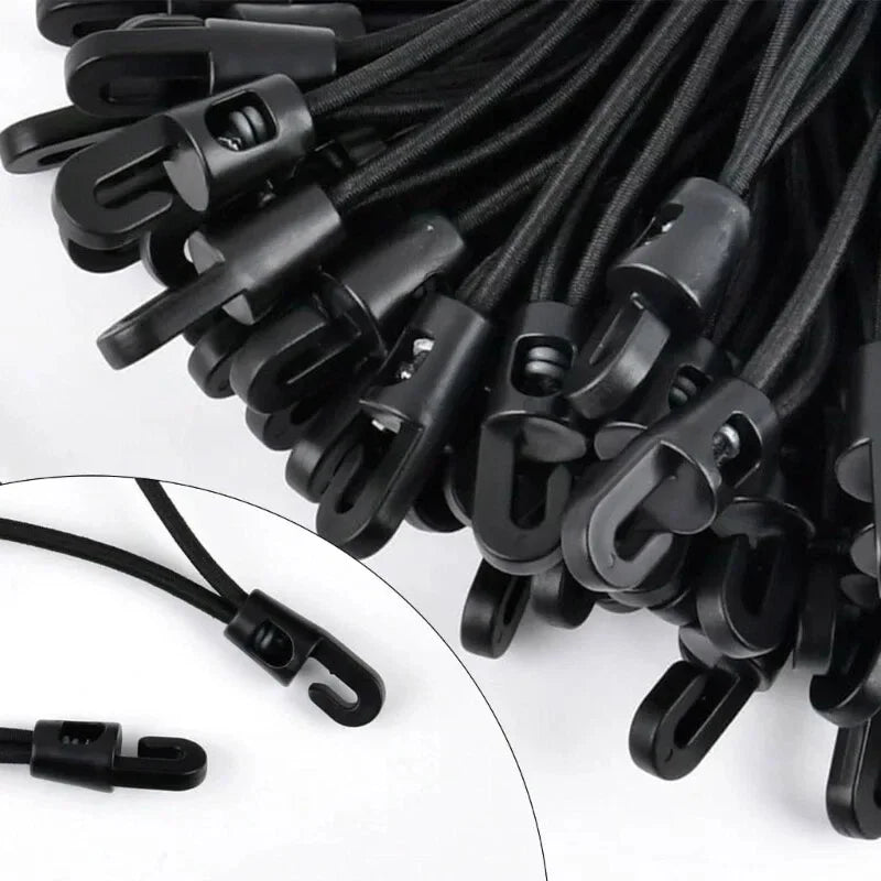 Set of 30 multifunctional elastic cords with hooks for camping, made by Corporación Turística, shown in a close-up image.