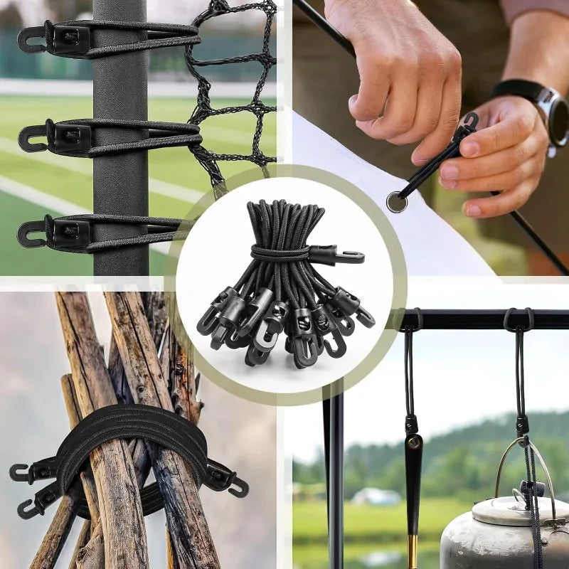 Set of 30 multifunctional elastic cords with hooks from Corporación Turística, ideal for camping and outdoor activities.