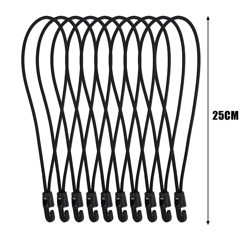 Set of 30 multifunctional elastic camping cords with hooks by Corporación Turística, 25cm length, ideal for outdoor activities.