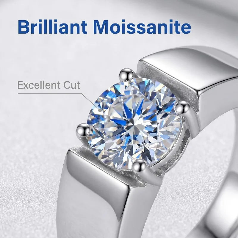 Sterling silver men's ring with 8mm moissanite D VVS clarity, featuring a 2ct zircon accent, crafted by Corporación Turística.