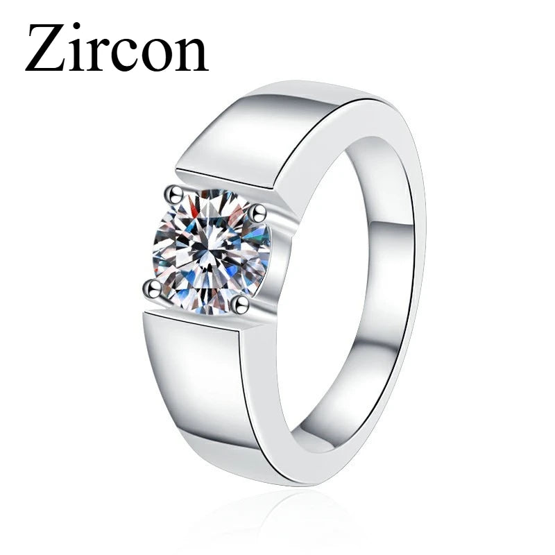 Sterling silver men's ring with 8mm Moissanita D VVS clarity, featuring a sleek design and a sparkling gemstone.