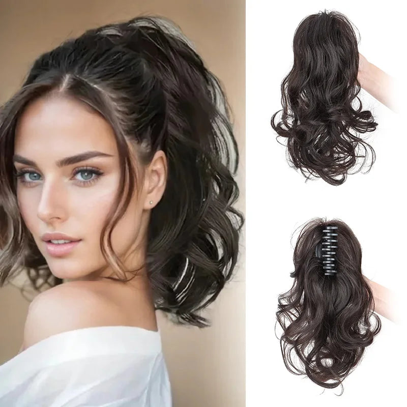 Synthetic 12-inch ponytail extensions from Corporación Turística, showing long, sleek, and shiny hair ready to add volume.
