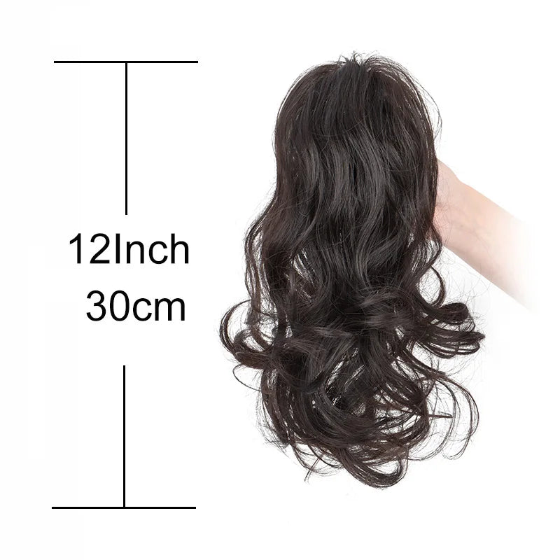 Synthetic 12-inch ponytail extensions from Corporación Turística, shown attached with hair gathered for a full, natural look.