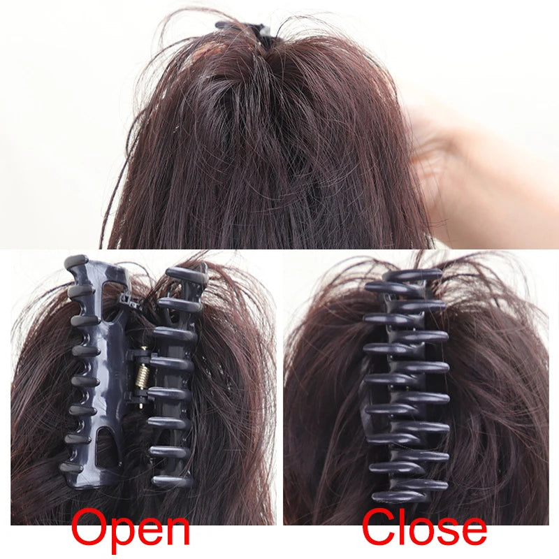 Synthetic 12-inch ponytail extensions by Corporación Turística, showing smooth, shiny hair strands for easy attachment.