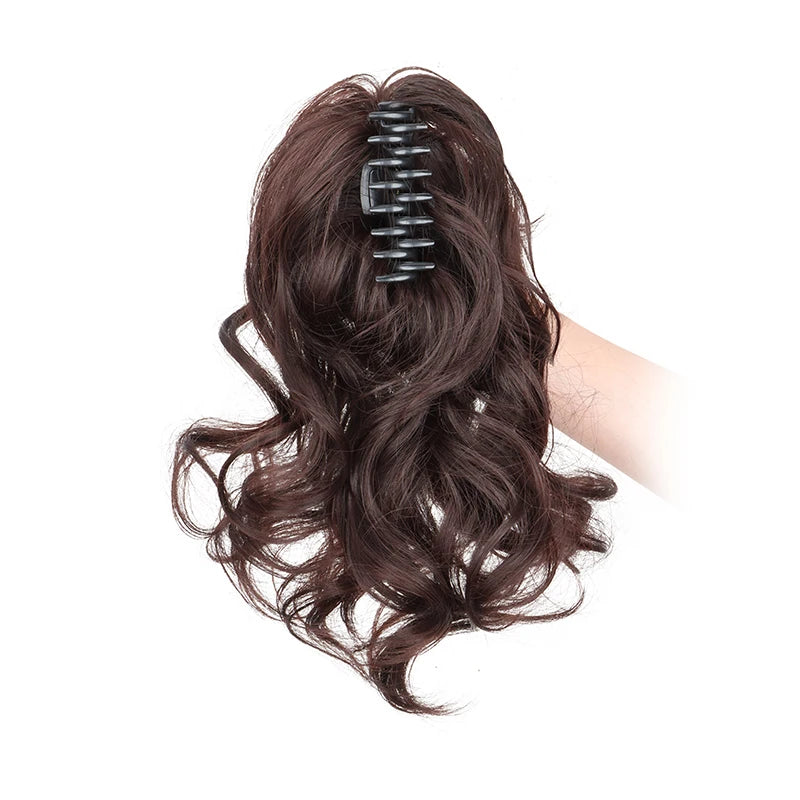 Synthetic 12-inch ponytail extensions from Corporación Turística, shown in a natural black color, ready to add length and volume.