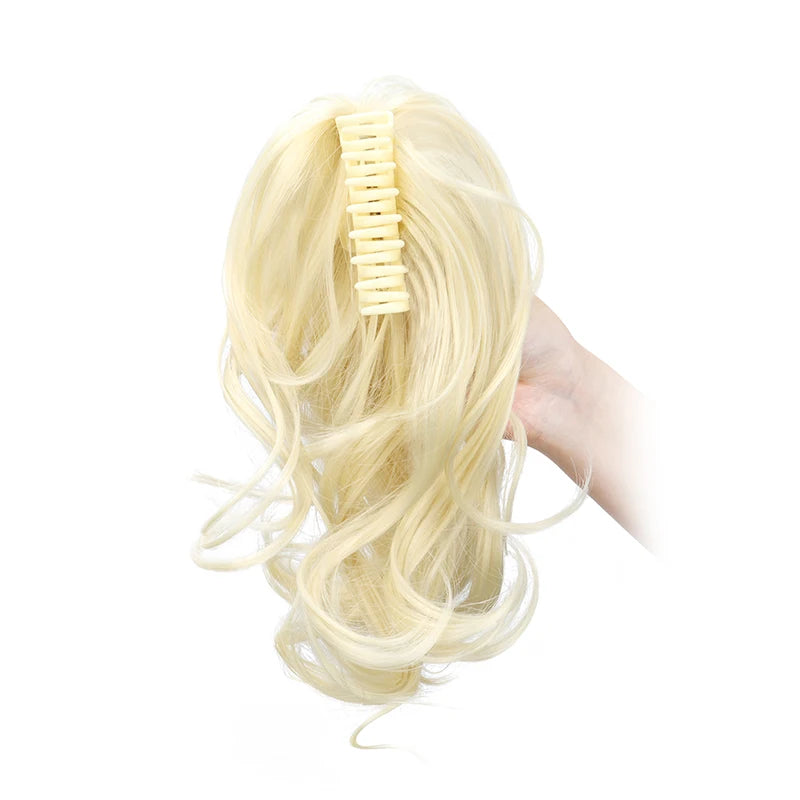 Synthetic 12-inch ponytail hair extensions by Corporación Turística, shown in a natural black color.