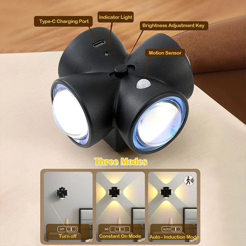 Black LED night lamp with four-head motion sensor from Corporación Turística, designed for automatic lighting in dark spaces.