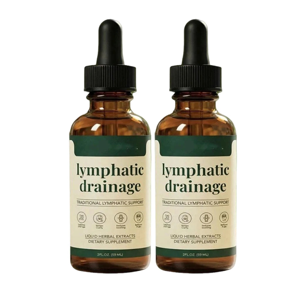 Two bottles of Gotas de Drenaje Linfático by Corporación Turística, natural lymphatic drainage liquid with herbal ingredients.