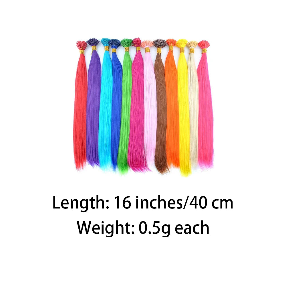 Synthetic I-Tip Stick hair extensions in various colors, featuring natural-looking, lightweight synthetic strands with easy application.