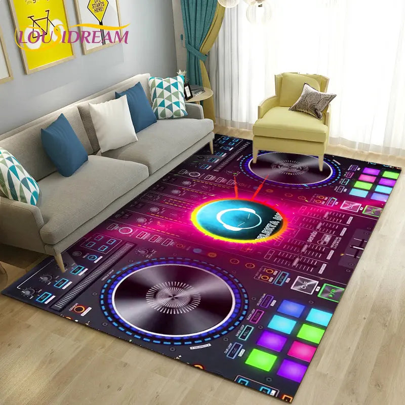 3D DJ music keyboard area rug by Corporación Turística, featuring vibrant colors and musical design for a playful space.