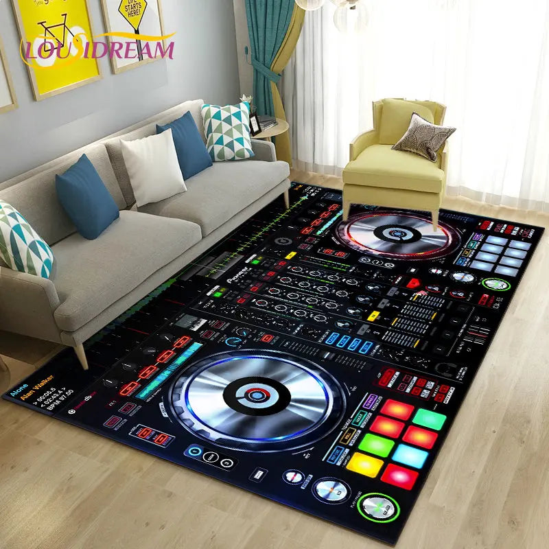 3D DJ music keyboard area rug in vibrant colors, featuring a musical theme and digital display, by Corporación Turística.