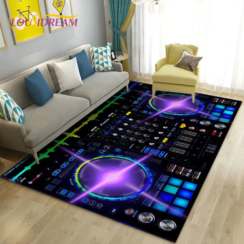 3D DJ music-themed area rug with keyboard and screen design, vibrant colors, perfect for music lovers and entertainment spaces.
