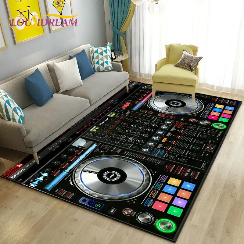 3D DJ music-themed area rug with keyboard and screen design, vibrant colors, suitable for music and entertainment spaces.