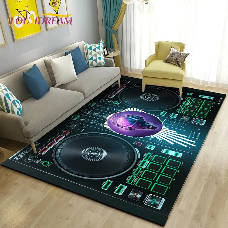 3D DJ music-themed area rug with keyboard and screen design, ideal for music or entertainment spaces.
