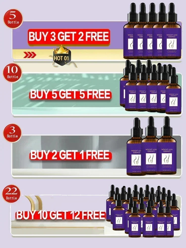 Three bottles of Corporación Turística essential oil for rapid weight loss in 7 days, shown in a close-up image.