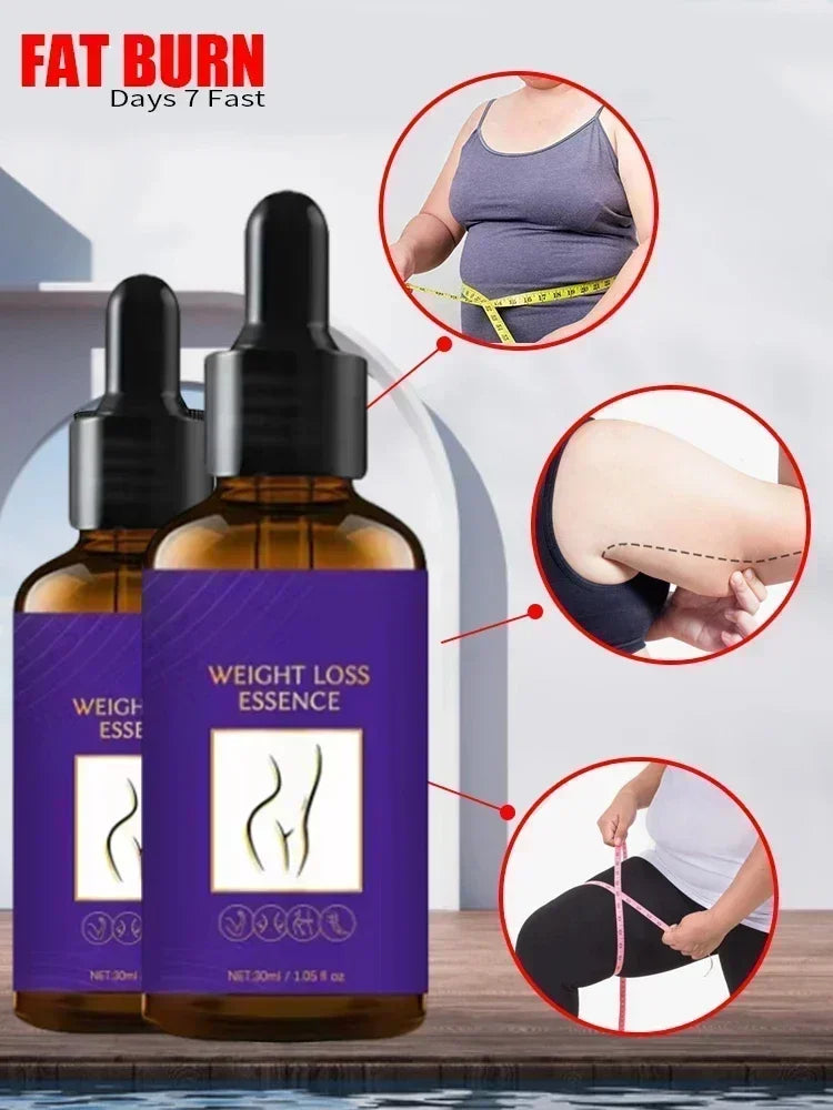 Three bottles of Corporación Turística essential oil for rapid weight loss, designed to support burning fat in 7 days.