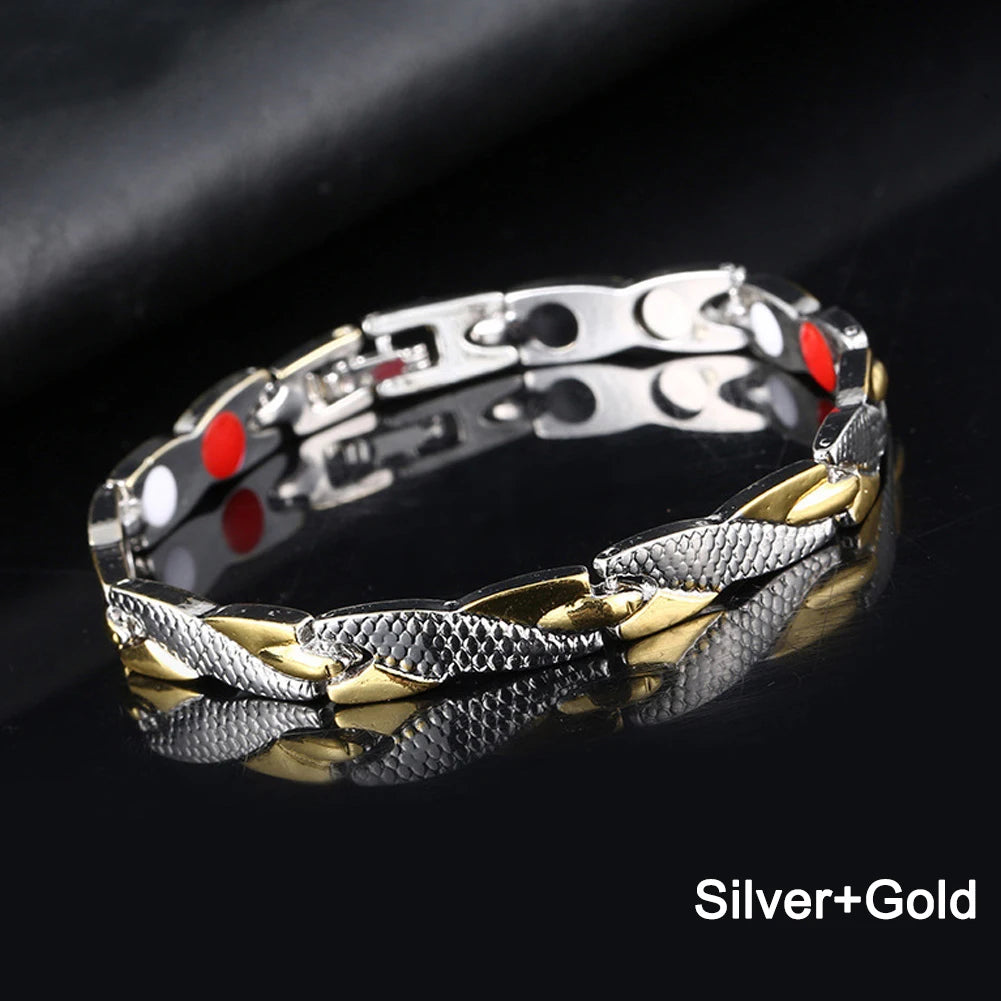 Germanium bracelet with magnetic chain for energy and health, featuring a sleek design and adjustable fit.