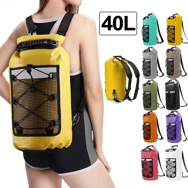 Yellow 40L floating dry bag for kayak, swimming, and beach activities by Corporación Turística, waterproof and secure storage.