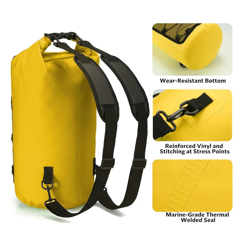 Yellow 40L floating dry bag from Corporación Turística for kayaking, swimming, and beach activities, water-resistant and secure.