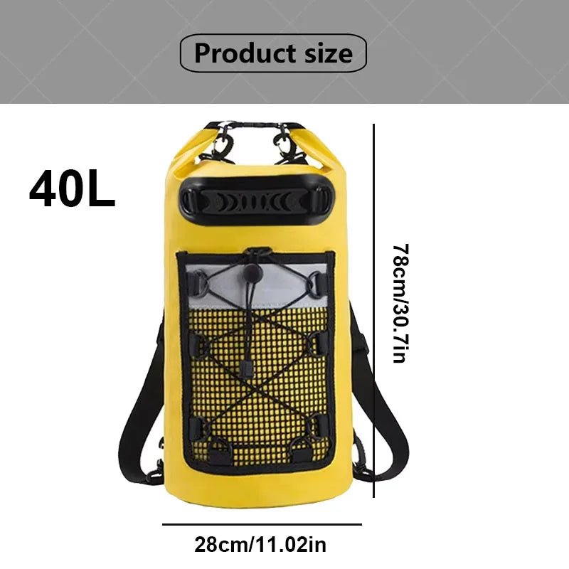 Yellow 40L waterproof dry bag from Corporación Turística, designed for kayaking, swimming, and beach activities.