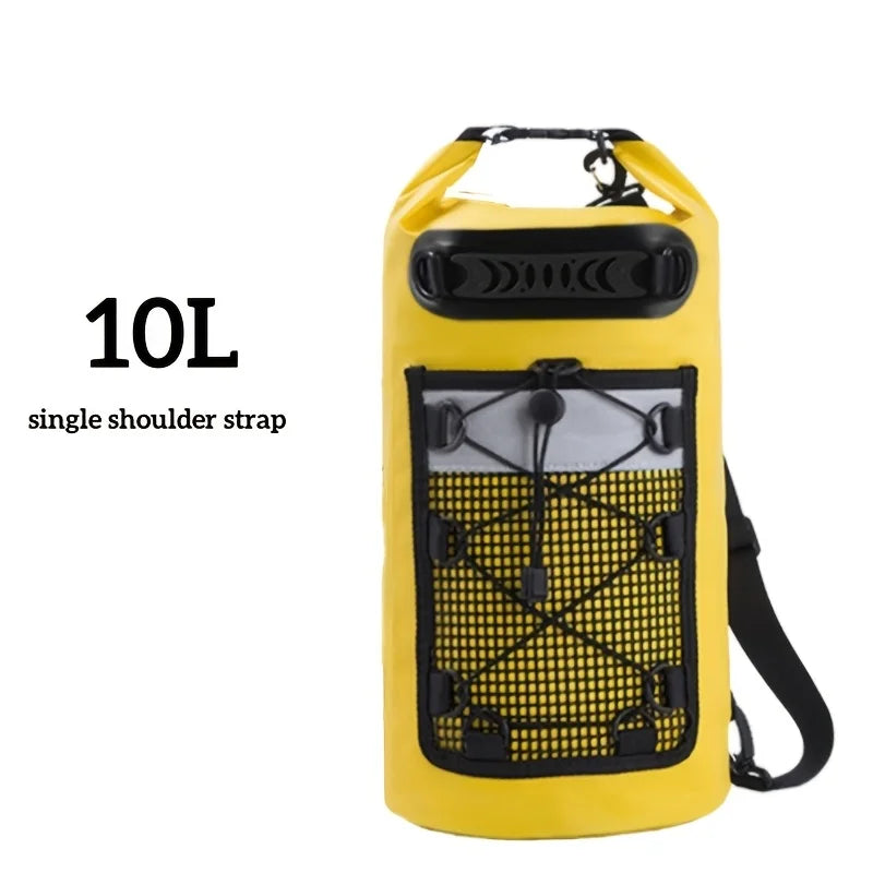 Yellow 40L floating dry bag for kayak, swimming, and beach activities by Corporación Turística, water-resistant and secure.