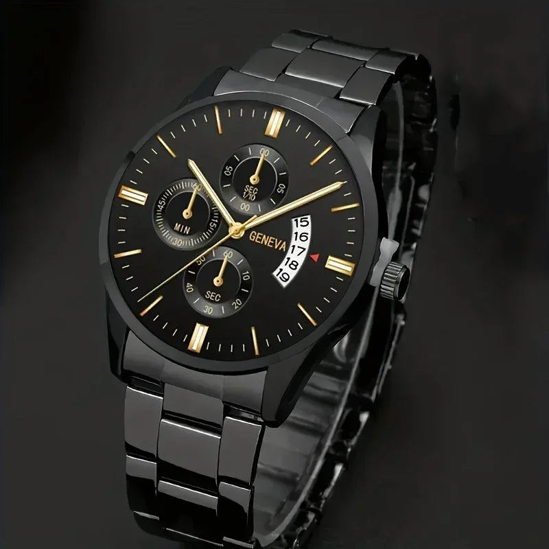 Elegant quartz watch and matching bracelet set by Corporación Turística, featuring sleek design and metallic finish.