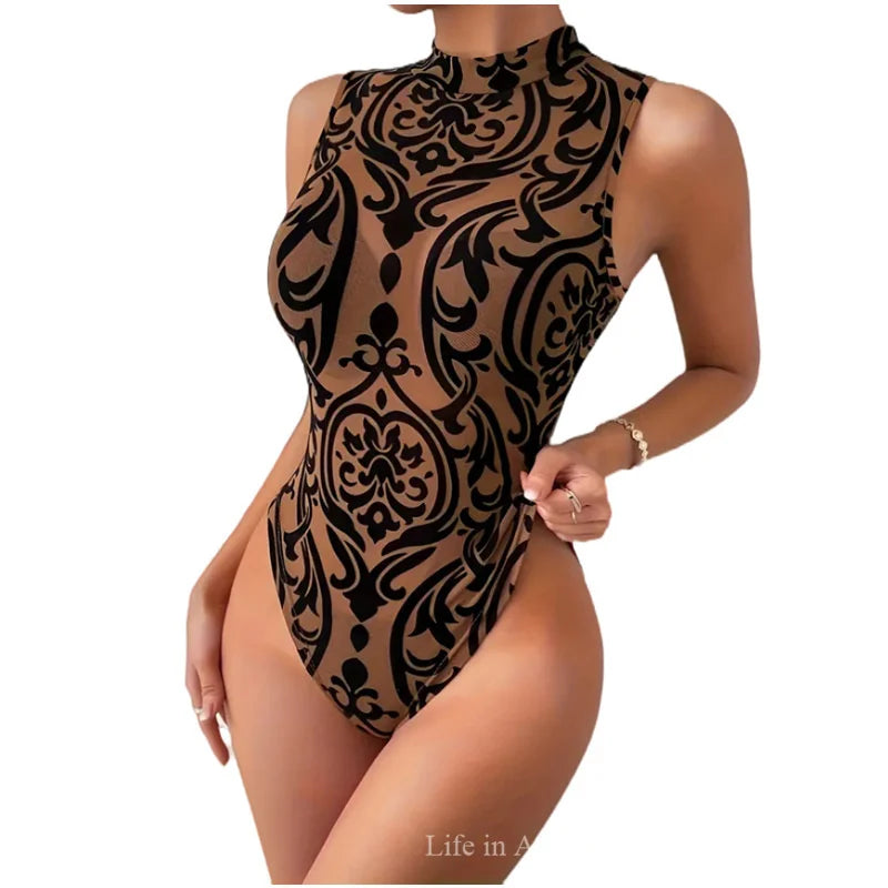 Elegant floral swimsuit for women by Corporación Turística, featuring a sexy and stylish design with matching stockings.