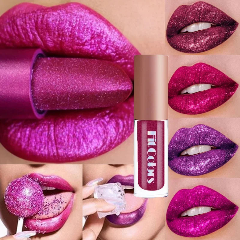 Set of four metallic lipstick-themed antiadherent mugs from Corporación Turística, shiny finish, ideal for beverages or display.